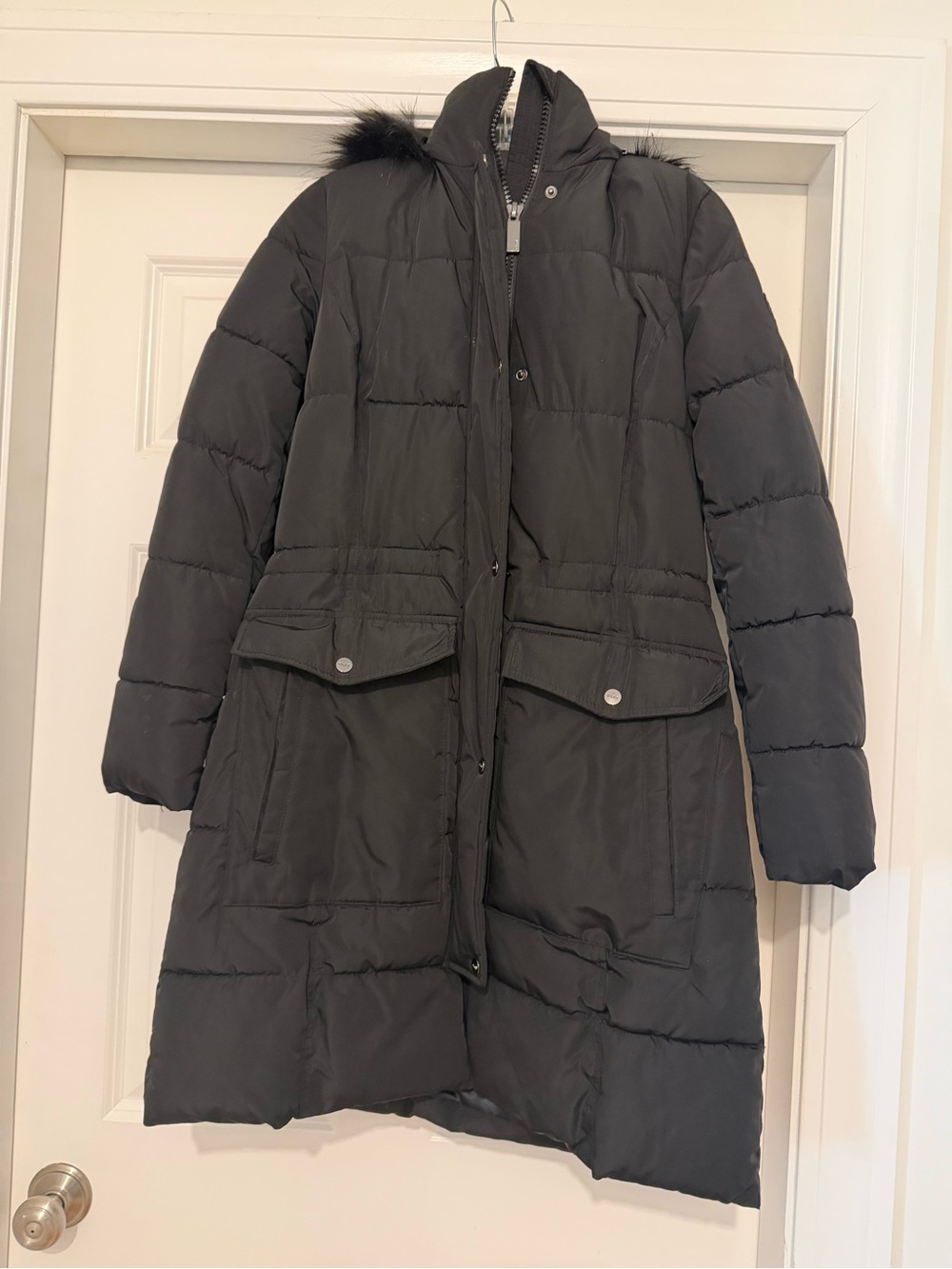 DKNY Black Long Puffer Coat with Hood